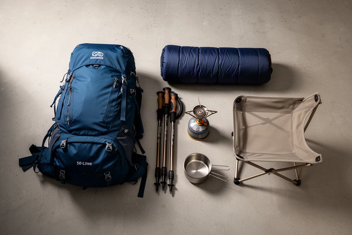 Flat-lay di attrezzatura da backpacking economica con zaino blu, sacco a pelo e kit da cucina