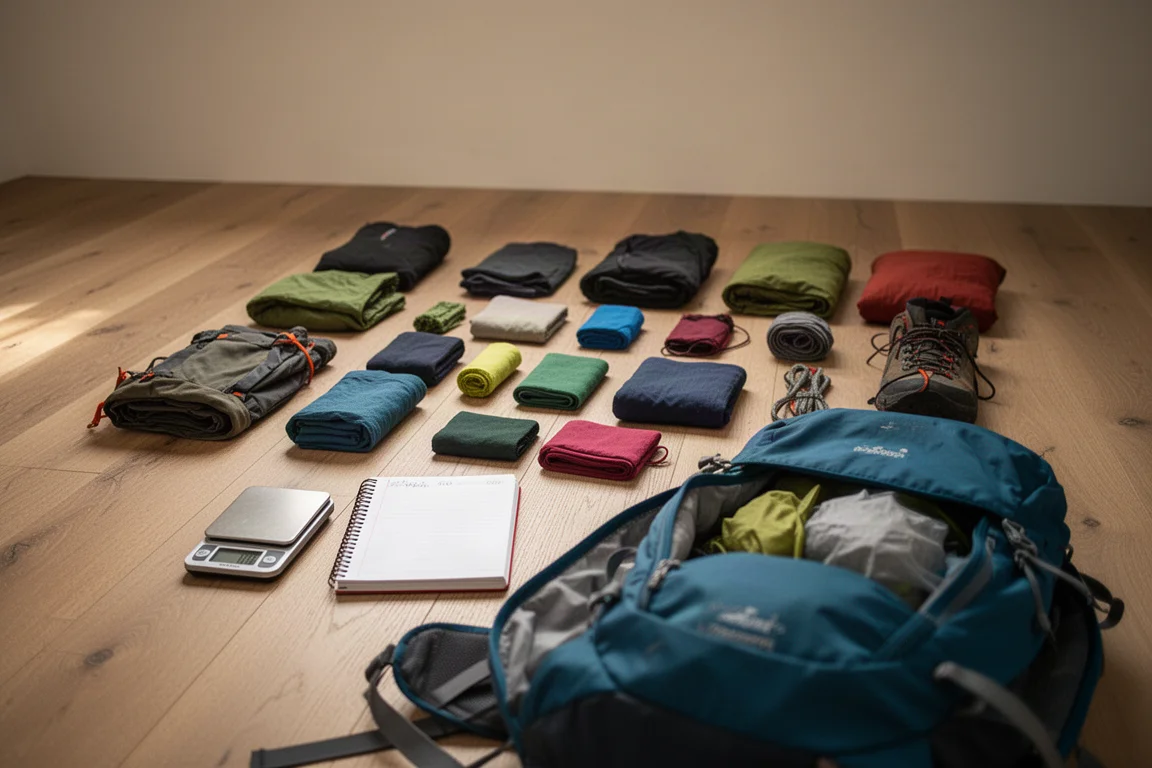 Backpackuitrusting in rijen uitgestald naast een weegschaal en een notitieboek