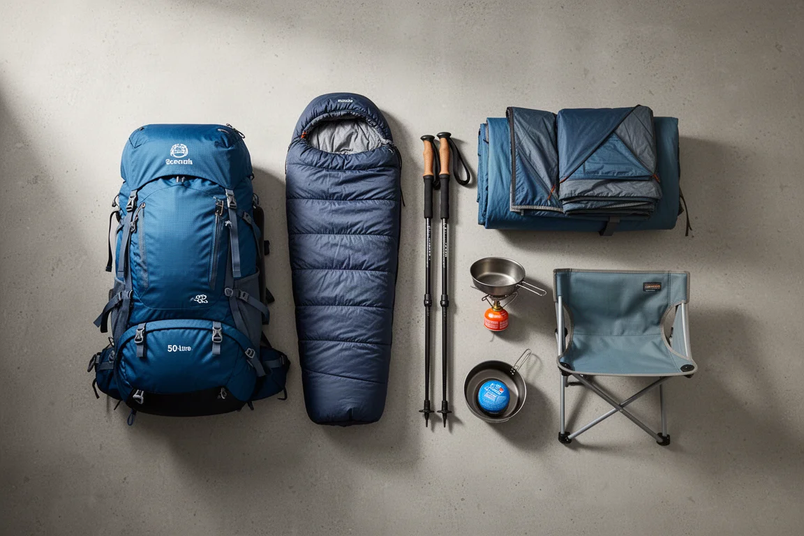 Budget backpacking gear flat-lay with backpack, sleeping bag, tent, poles, stove and cook set