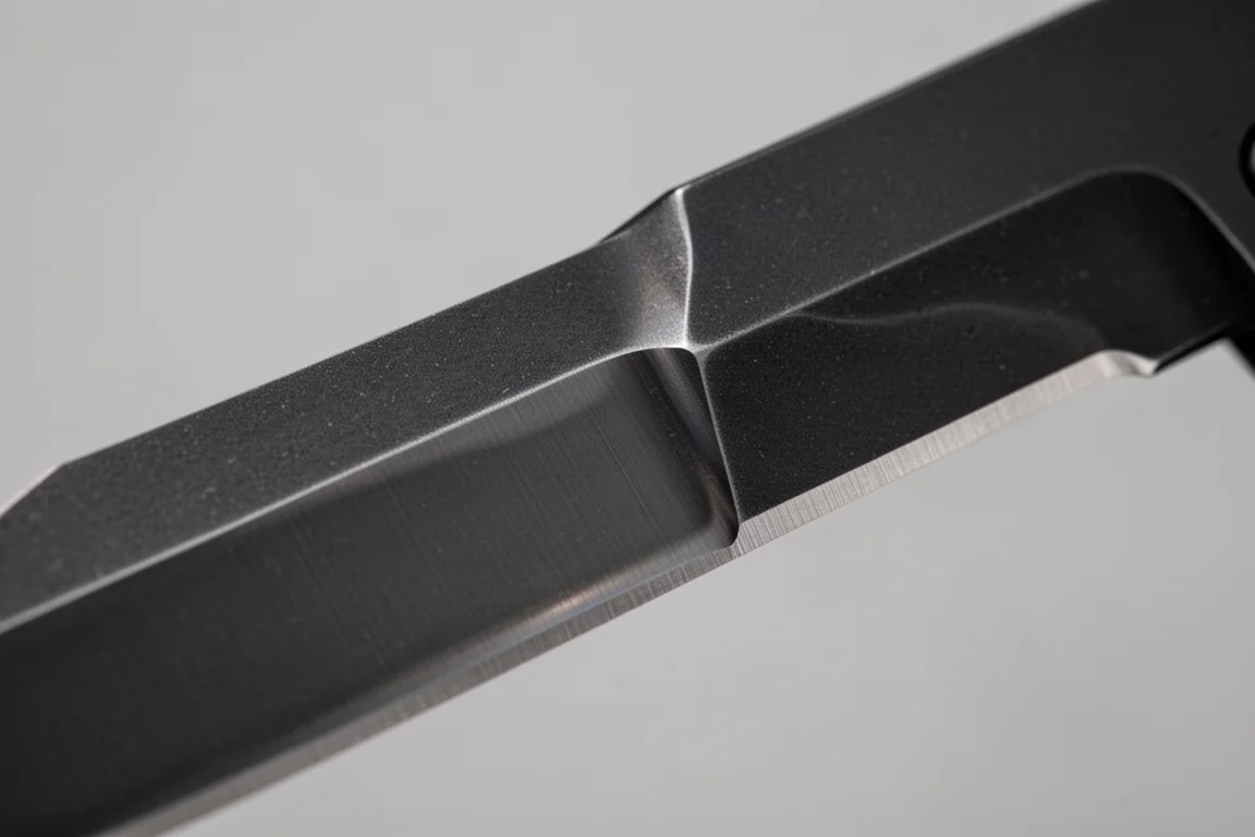 Nahaufnahme einer hollow ground Tanto-Klinge unter weichem Studiolicht