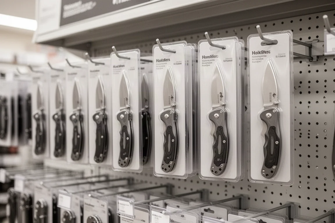 Regalszene im Einzelhandelsgeschäft mit Taschenmessern an Haken in weichem Licht