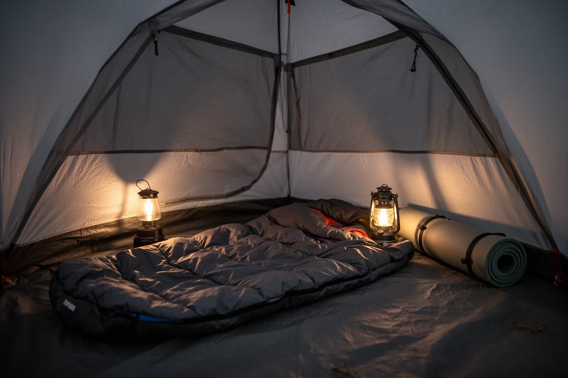 Interno di una piccola tenda di notte con sacco a pelo e bagliore caldo di una lanterna