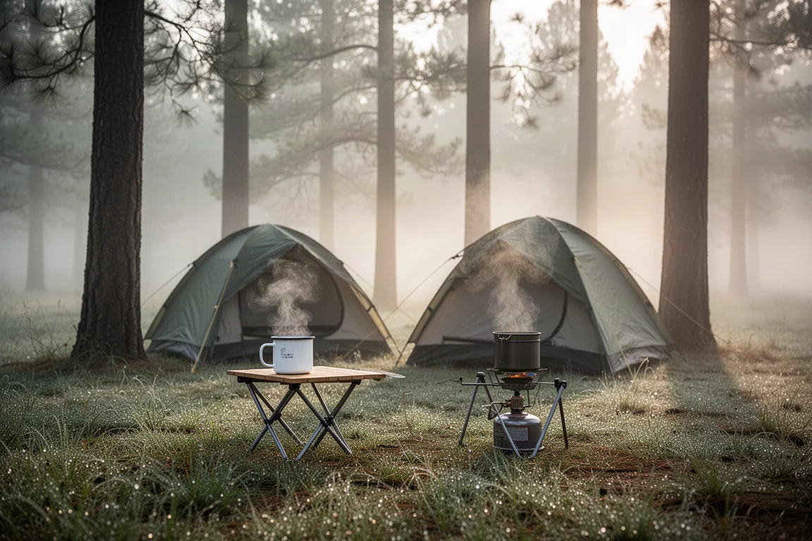 Campeggio tranquillo al mattino presto con rugiada, nebbia e una tazza fumante sul tavolo
