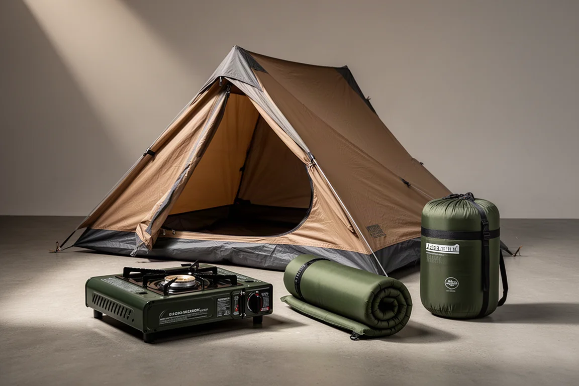 Budget camping kit with A-frame tent, propane stove, sleeping pad and sleeping bag on concrete