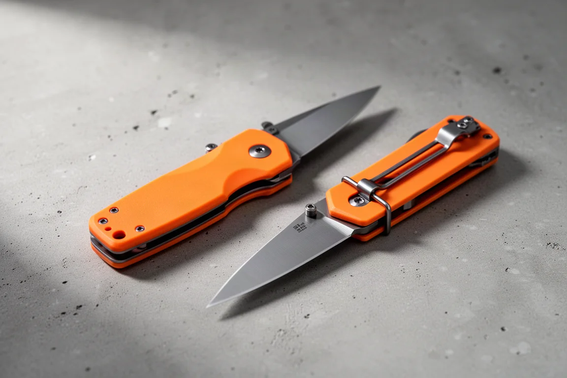 Two orange-handled folding knives side by side on a concrete surface