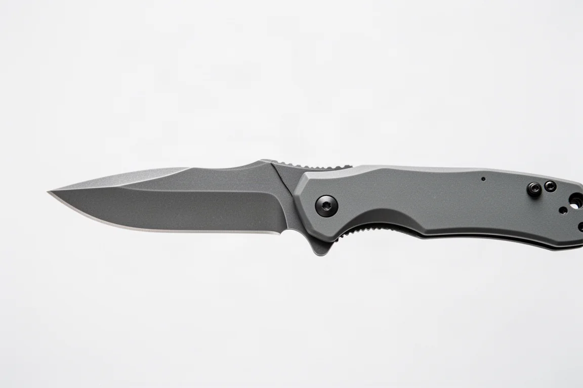 Un coltello chiudibile tenuto contro una superficie luminosa che rivela una leggera deformazione del profilo della lama