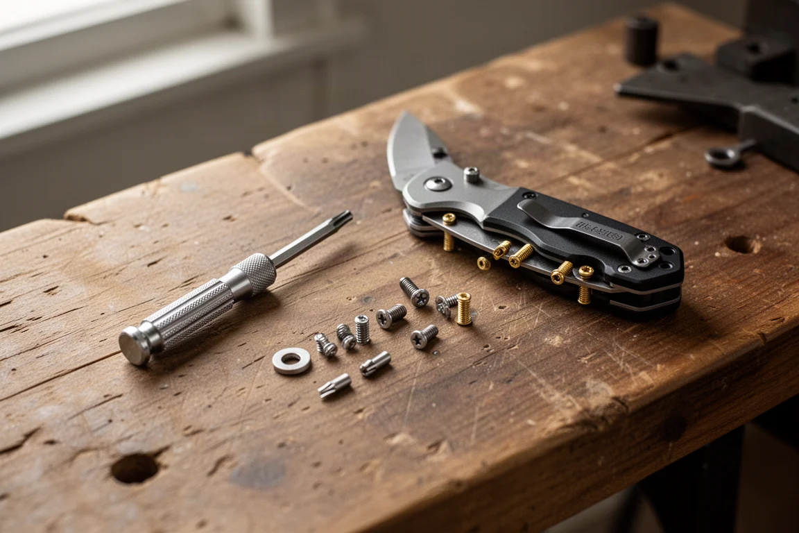 Coltello da tasca con un cacciavite torx T8 accanto a una piccola vite su una banca da lavoro in legno