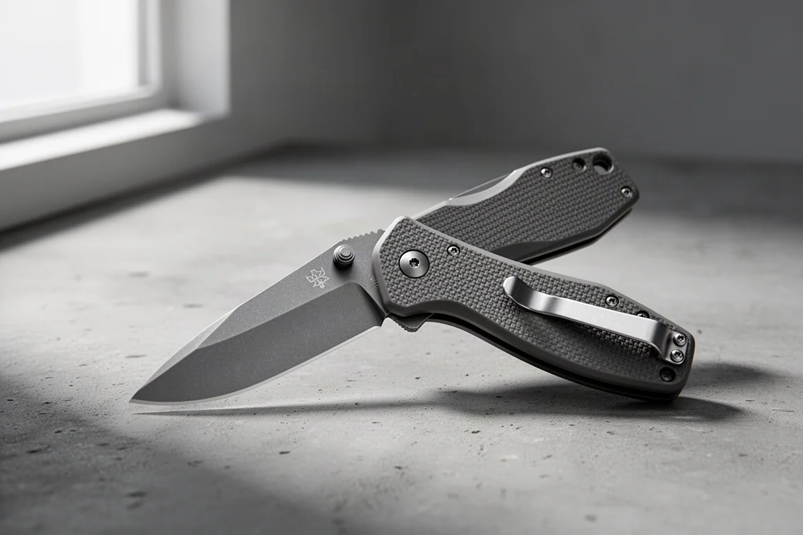 Open folding pocket knife with grey coated blade and textured handle on concrete