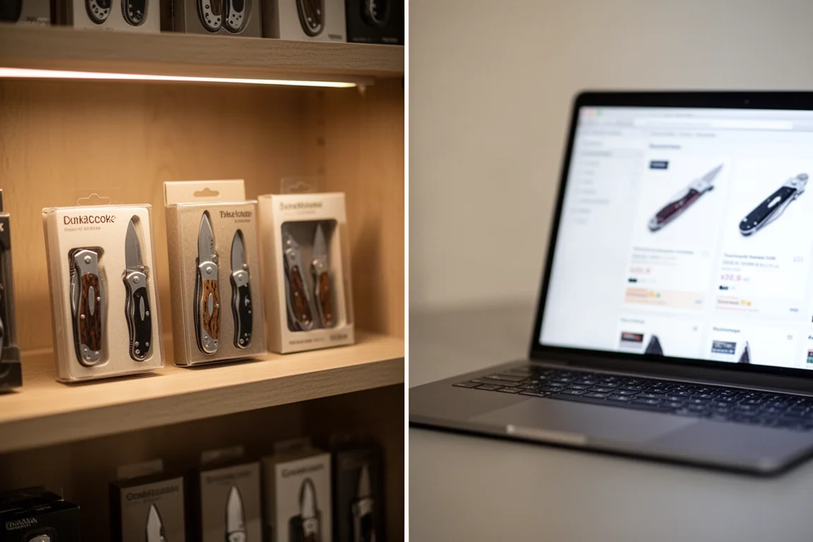 Zwei Messermärkte im Vergleich: ein Regal im Geschäft und eine Online-Produktseite nebeneinander