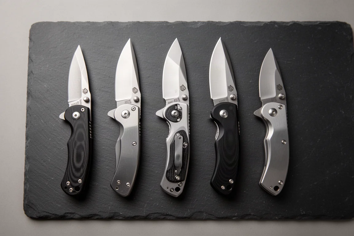 Flat-Lay mehrerer Klappmesser auf einer dunklen Schreibtischfläche