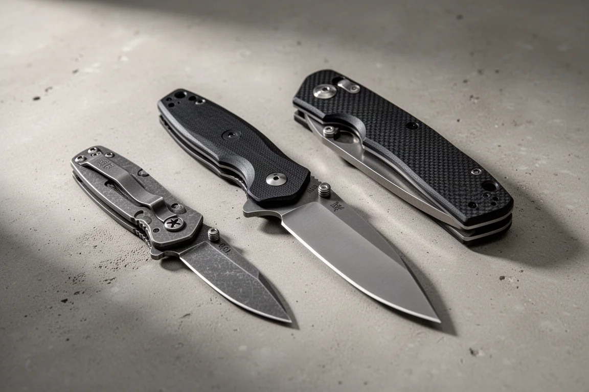 Three folding pocket knives with G10 handles arranged on a concrete surface