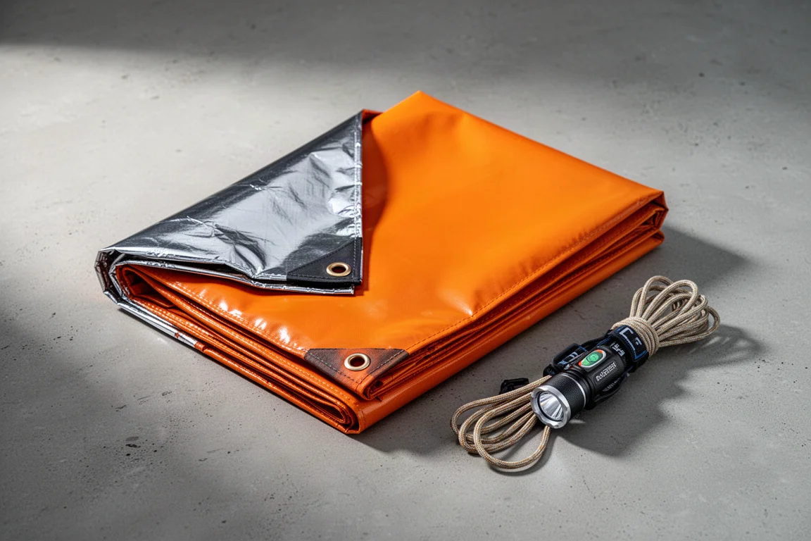Vikt orange emergency thermal tarp blanket med reflekterande kant, lina och pannlampa på betong
