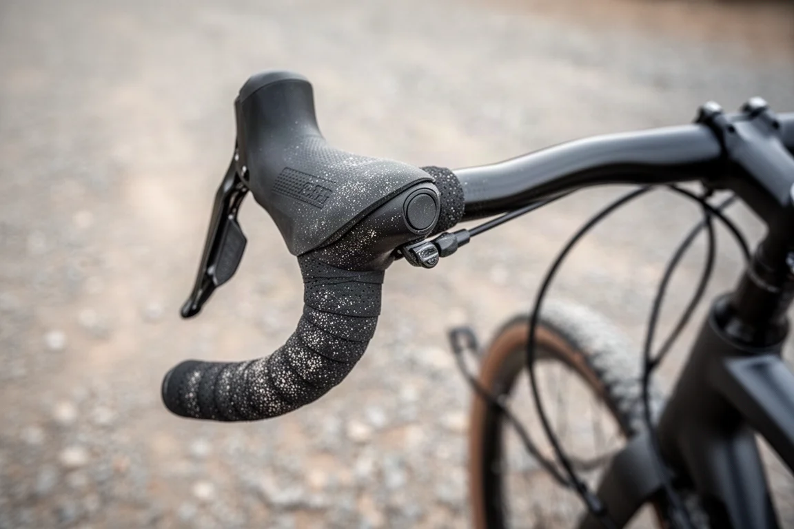 Close-up of a bicycle rear derailleur and cassette on loose gravel
