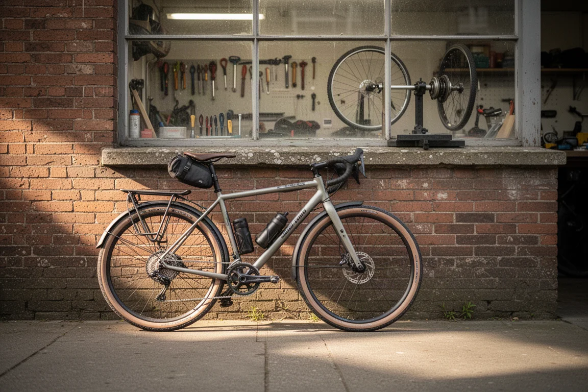 Independent bike shop interior with refurbished bicycles lined up