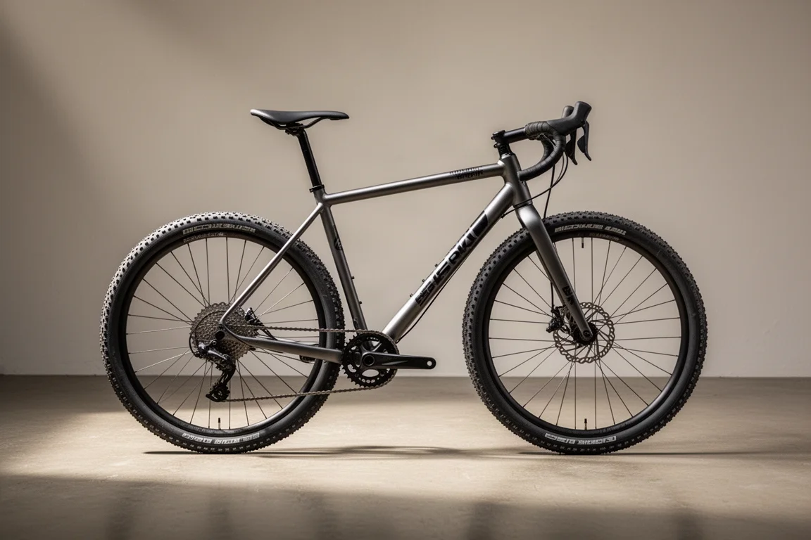 Drop-bar gravel bike with aluminium frame and wide tires on a concrete surface