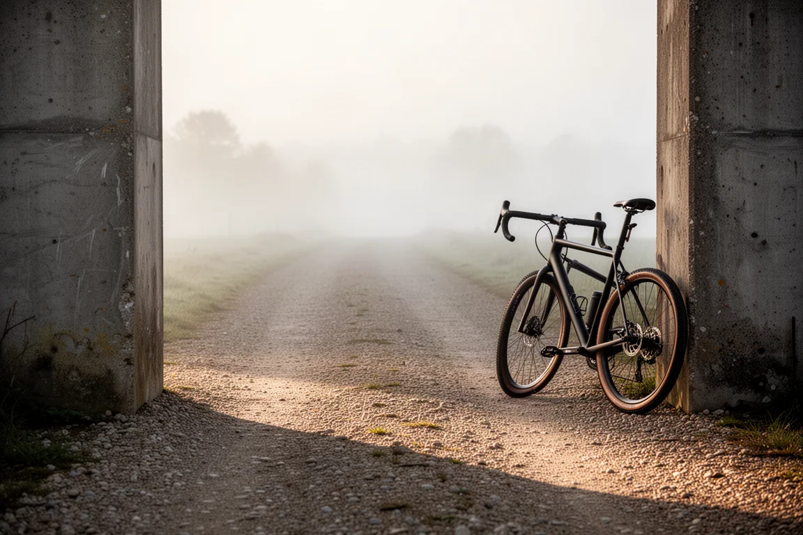 Cycliste gravel roulant sur un vélo à cintre route sur une route à revêtement mixte dans la lumière du matin