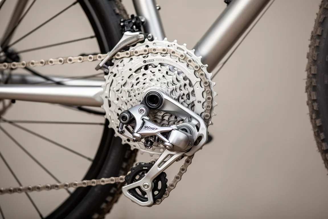 Gros plan sur une cassette à large plage et un dérailleur arrière sur un vélo gravel