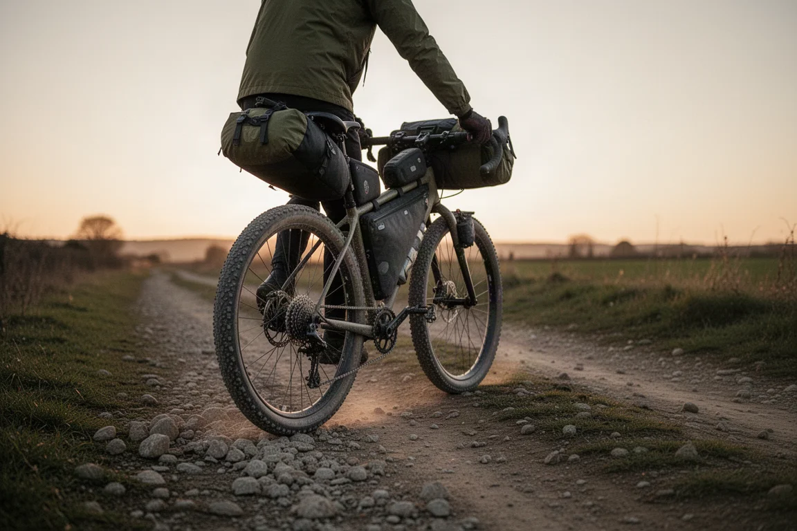 Vue à plat d'accessoires de vélo gravel, dont guidoline, ruban tubeless et préventif