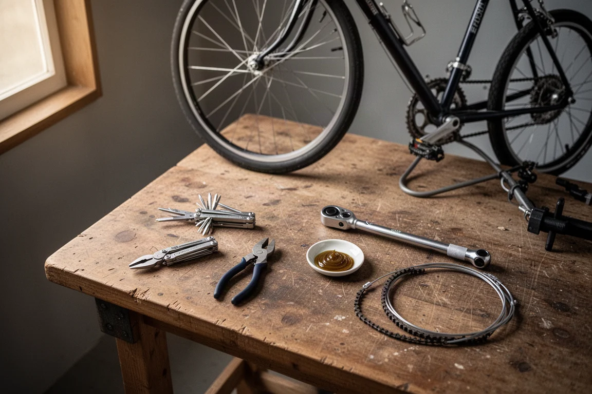 Vélo gravel avec sacoche de cadre et porte-bagages appuyé à un départ de sentier à l'aube
