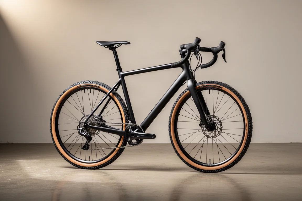 Black aluminium drop bar gravel bike with carbon fork photographed on a concrete surface