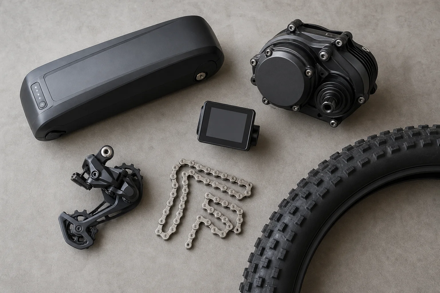 Vue à plat de la batterie, du moteur, de l'écran et des composants de la transmission du vélo électrique