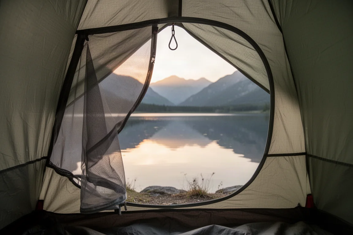 Kondenswassertropfen an der Innenwand eines Zeltes im Licht des frühen Morgens
