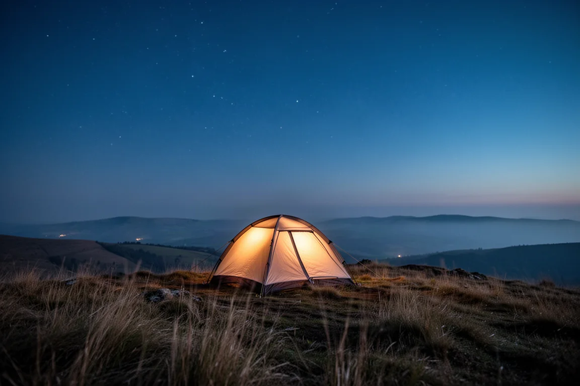 Kompaktes Ein-Personen-Zelt und ein beladener Wanderrucksack auf einem Bergcampingplatz im Morgengrauen