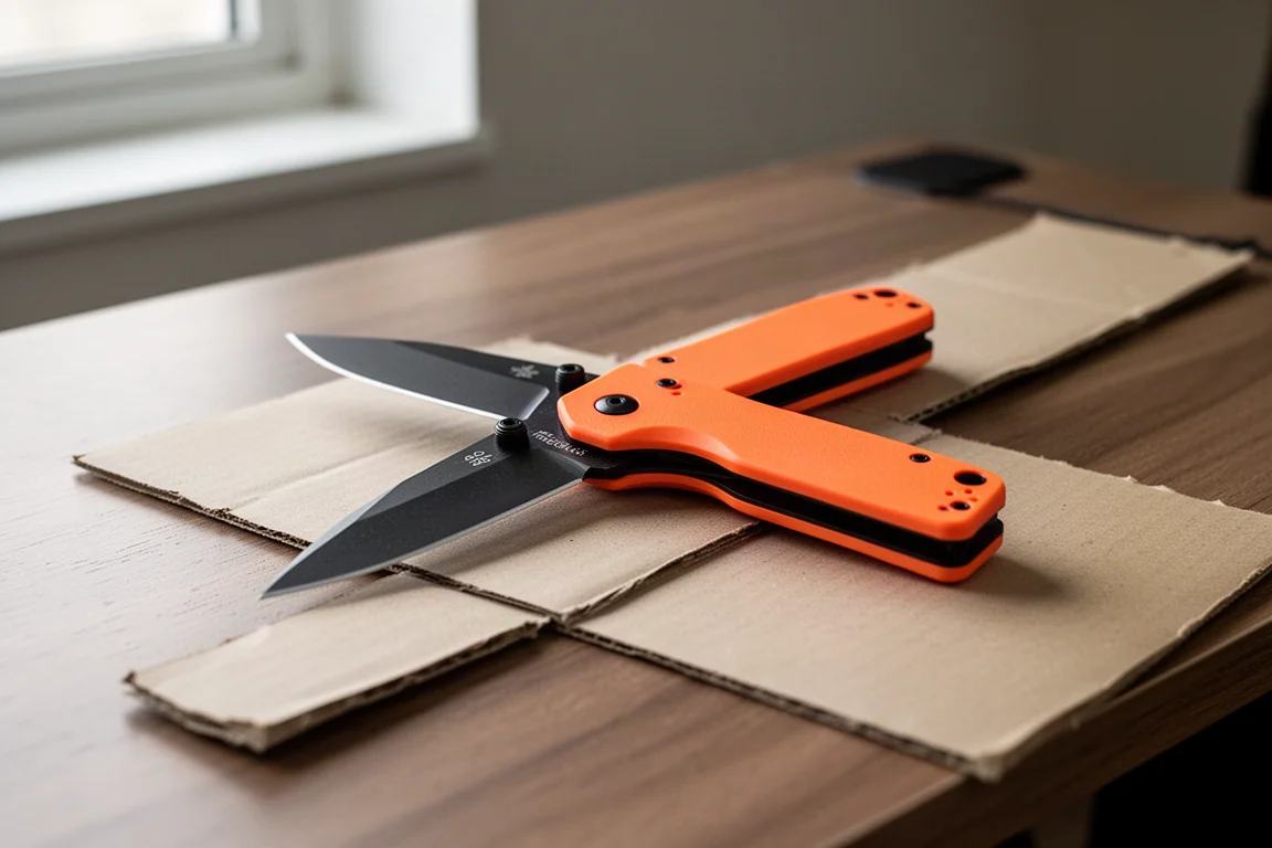 Klappmesser mit orangefarbenem Griff, geöffnet auf einem Holzschreibtisch liegend