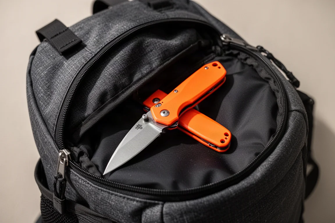 Leuchtorangefarbenes Messer, sichtbar in einem dunklen Rucksack liegend