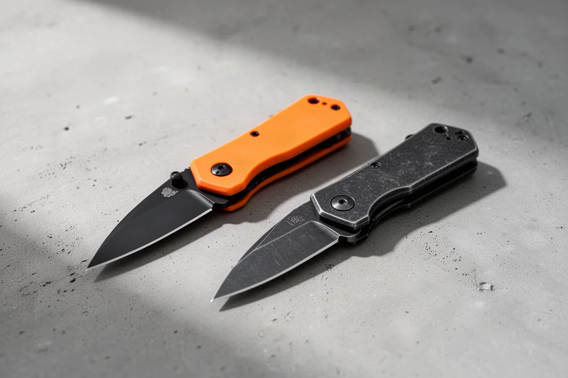 Orange-handled folding knife and dark folding knife side by side on concrete