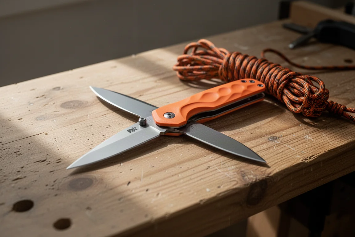 Coltello chiudibile con manico arancione appoggiato aperto su una bancale in legno