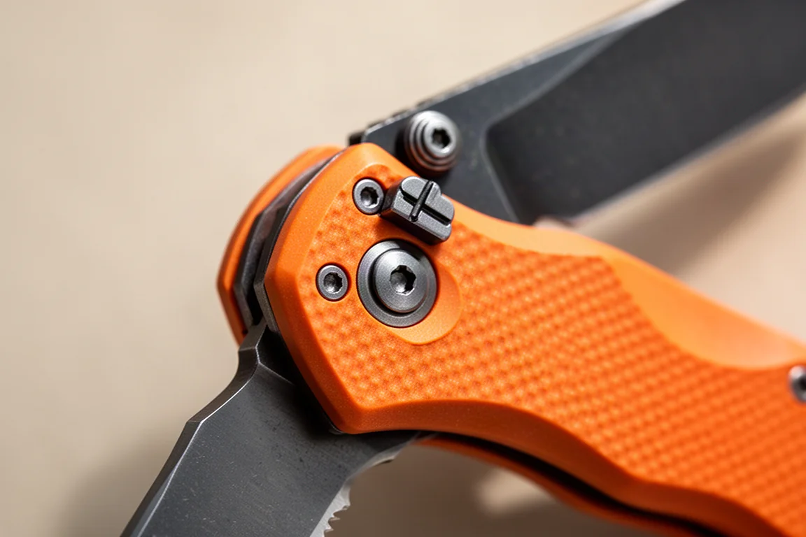 Primo piano del crossbar lock e del perno di un coltello chiudibile aperto