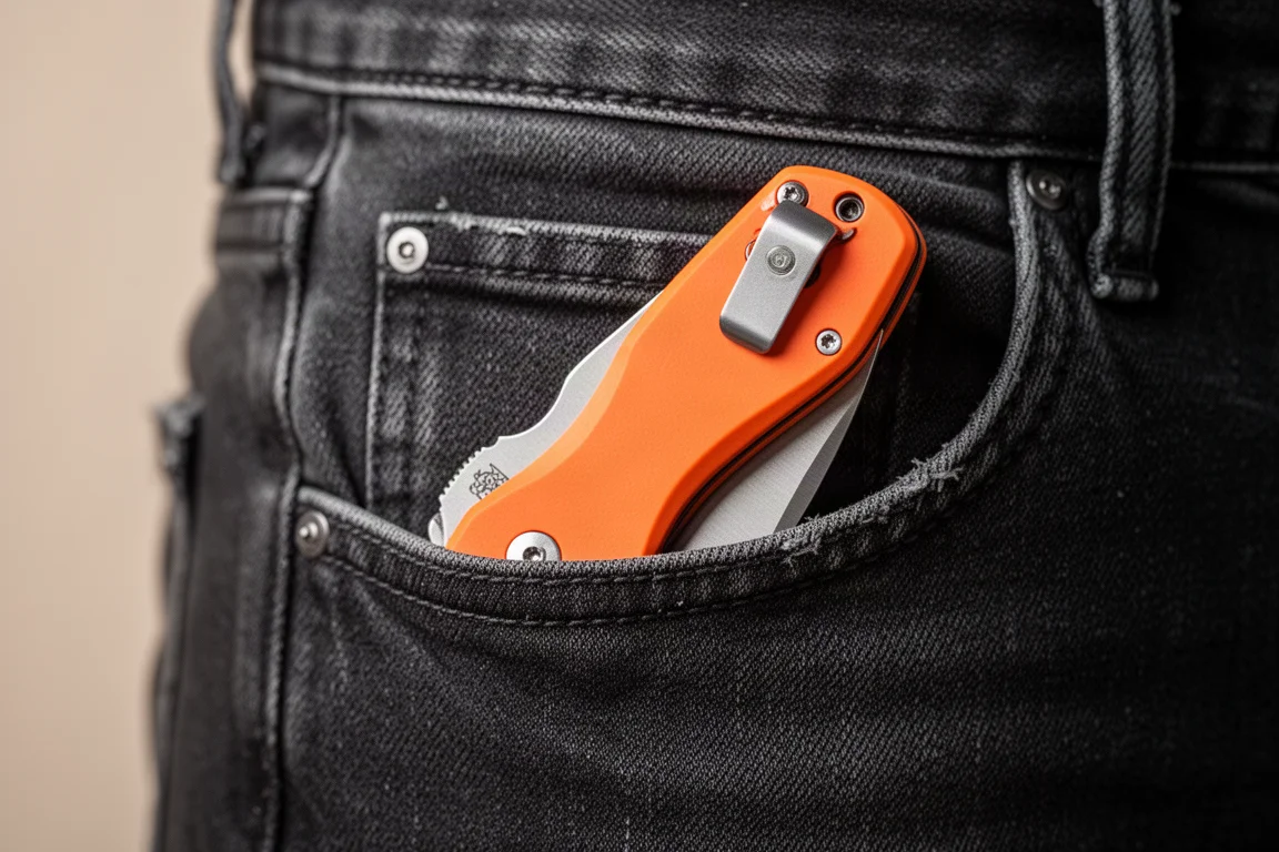 Coltello chiudibile con clip in tasca ai jeans, manico a filo