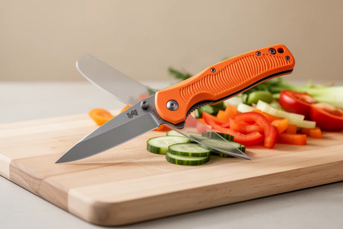 Coltello chiudibile su un tagere durante la preparazione del cibo