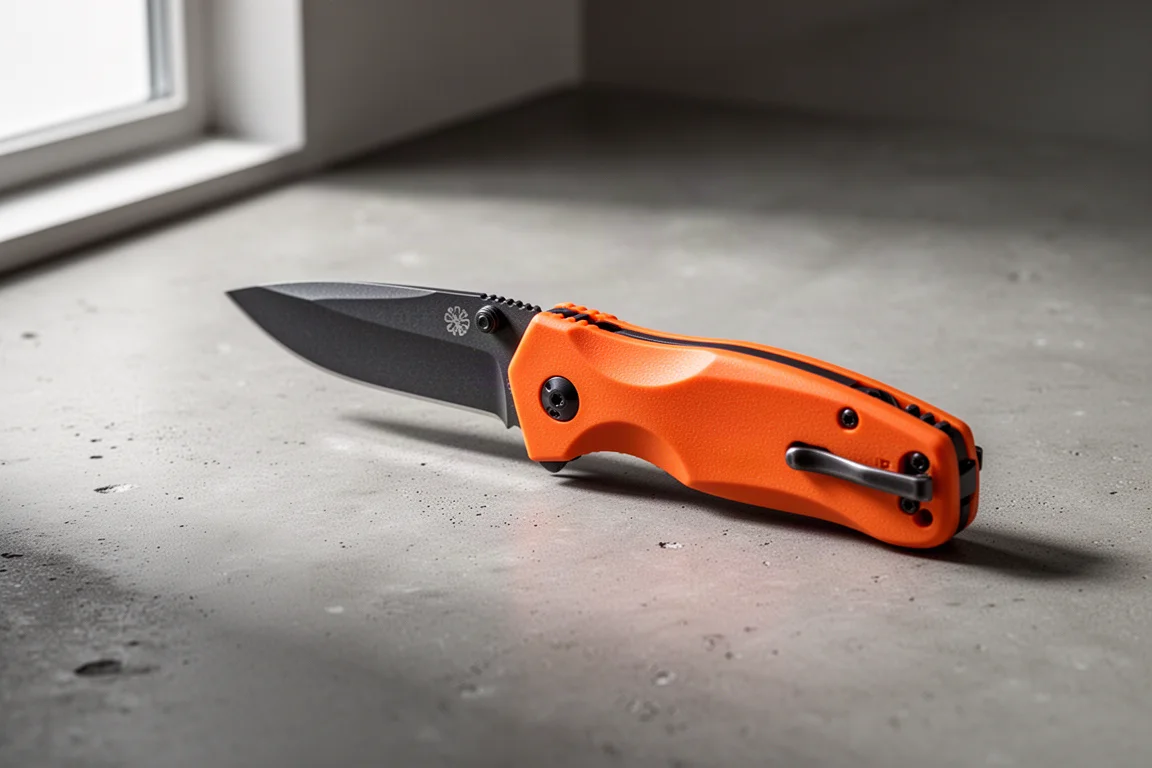 Folding knife with orange contoured handle and dark coated blade on concrete