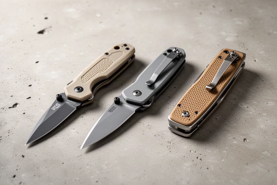 Three folding pocket knives side by side on a concrete surface