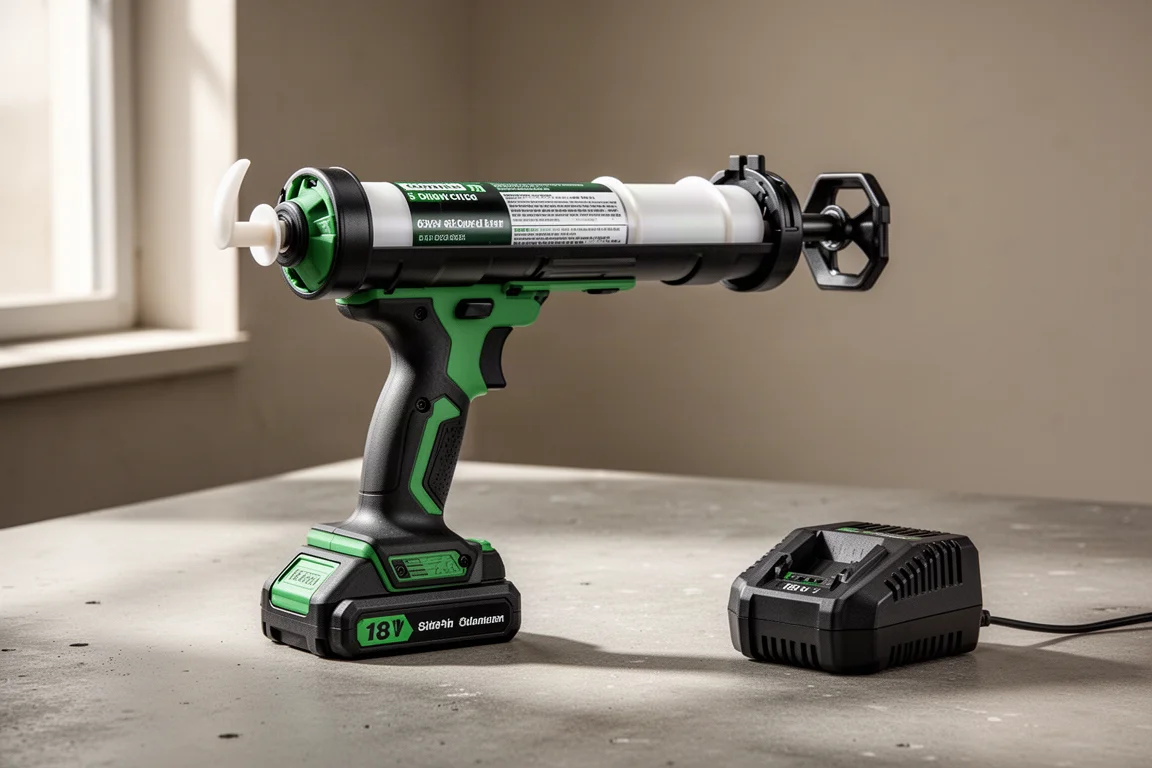 Cordless caulking gun with battery and charger on a concrete workshop surface