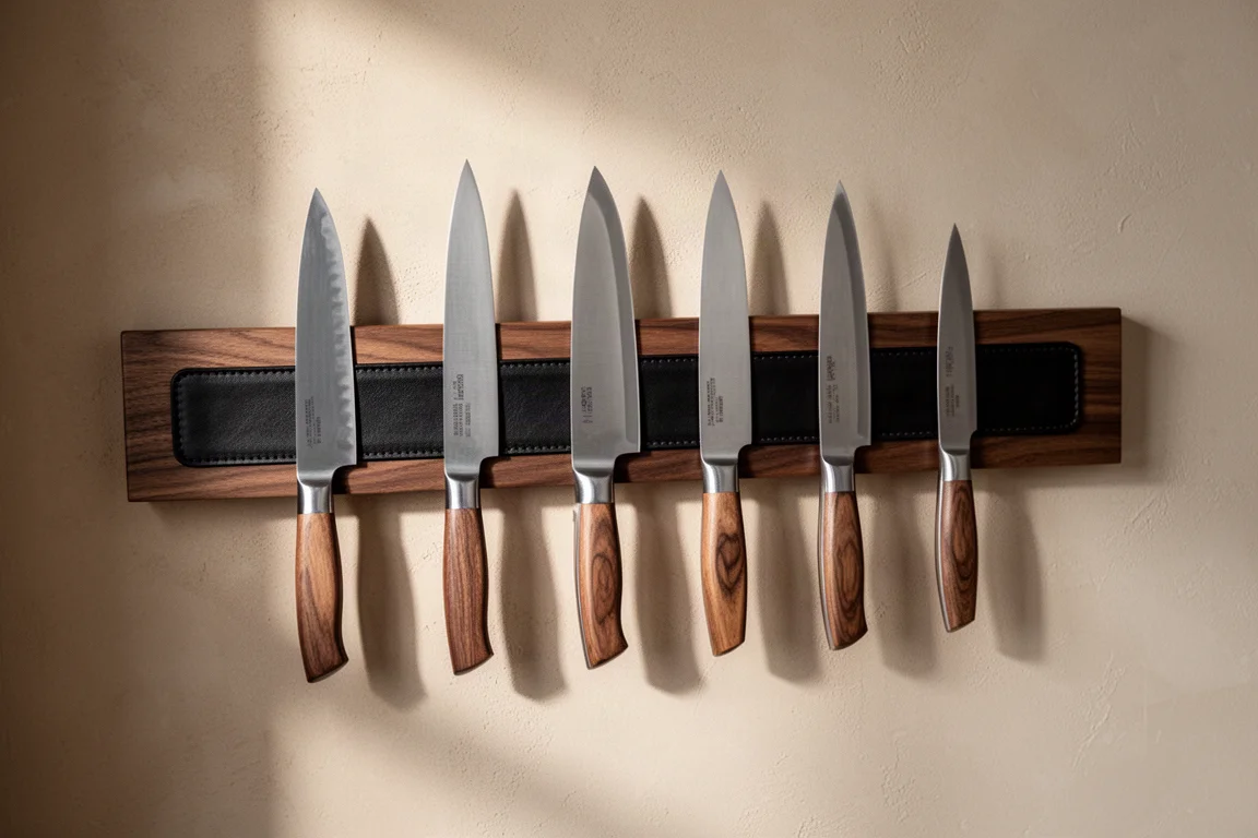 Walnut magnetic knife strip with black leather holding kitchen knives on a wall