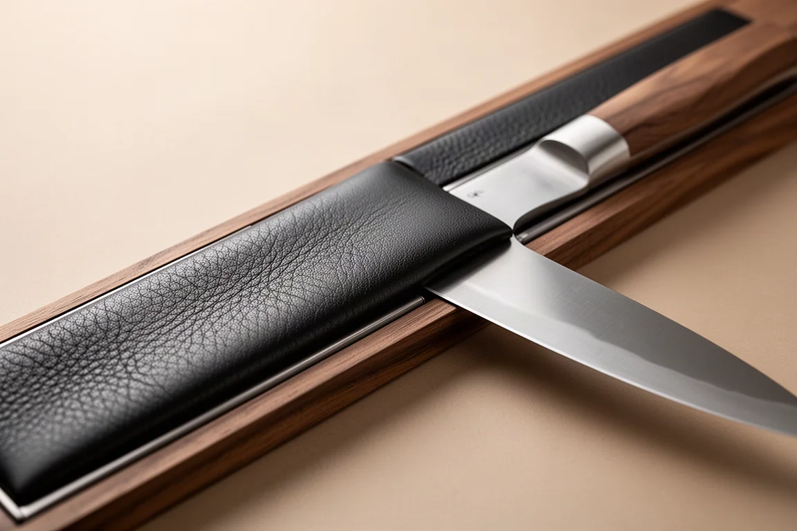 Close-up of black leather grain on a walnut knife strip showing fine craftsmanship