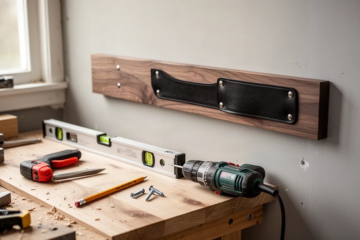 Person drilling pilot holes to mount a magnetic knife strip on a wall