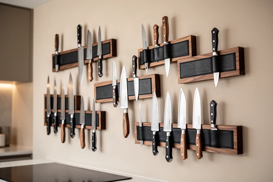 Kitchen knife wall displaying knives at varied heights like a gallery exhibit