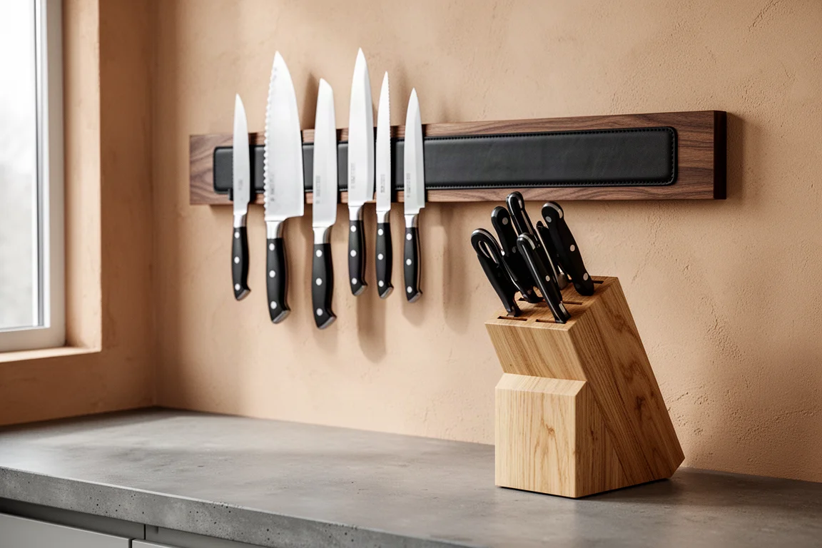 Walnut magnetic knife strip and oak knife block in a bright editorial kitchen scene