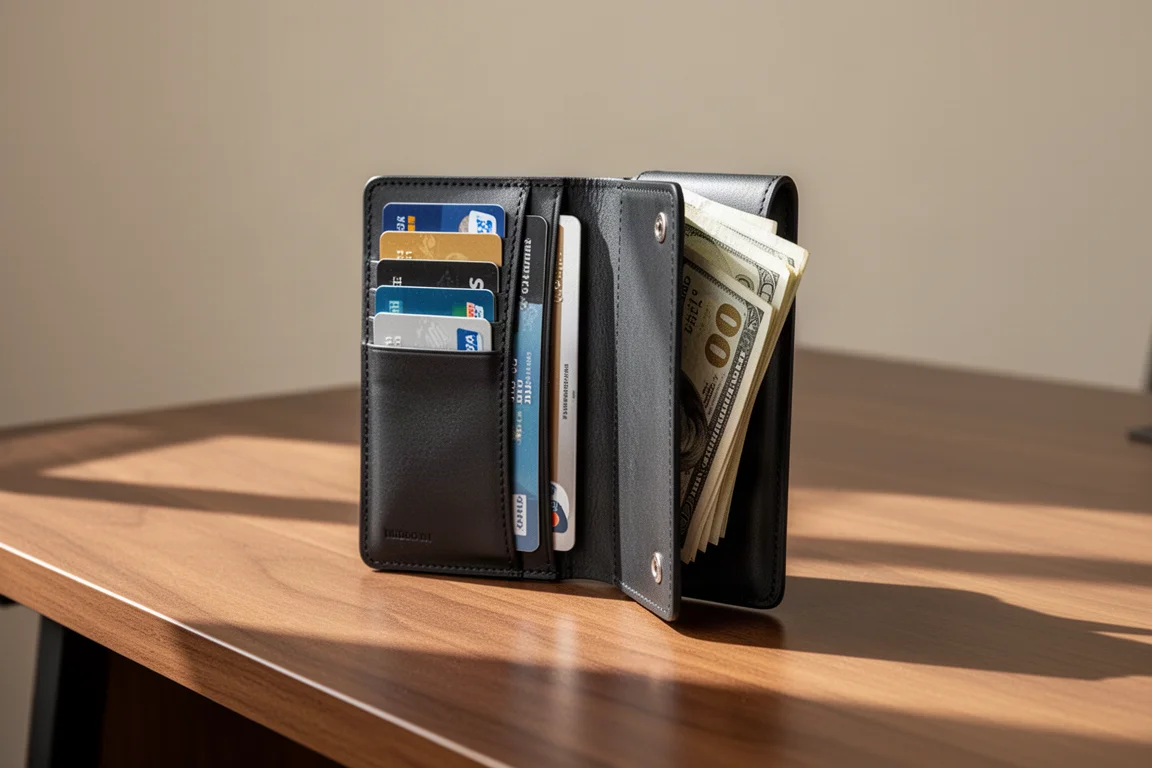Cartera minimalista cargada de tarjetas y billetes doblados sobre un escritorio