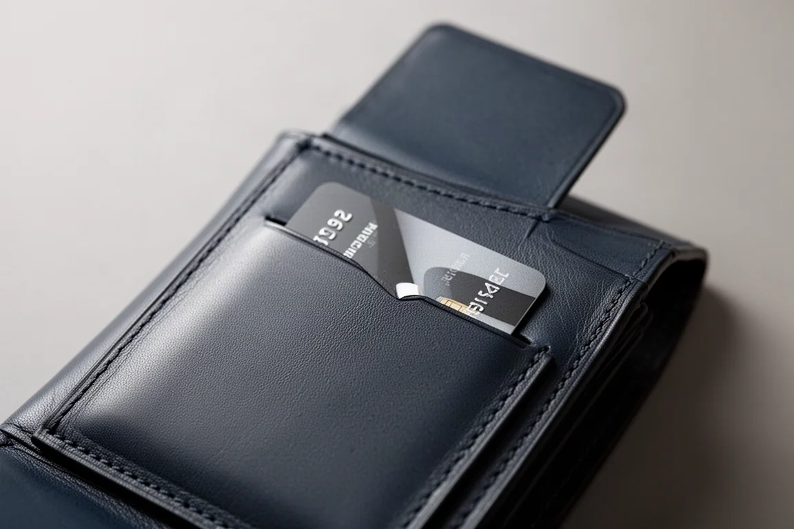 Bolsillo trasero de acceso rápido de una cartera con una única tarjeta apenas visible