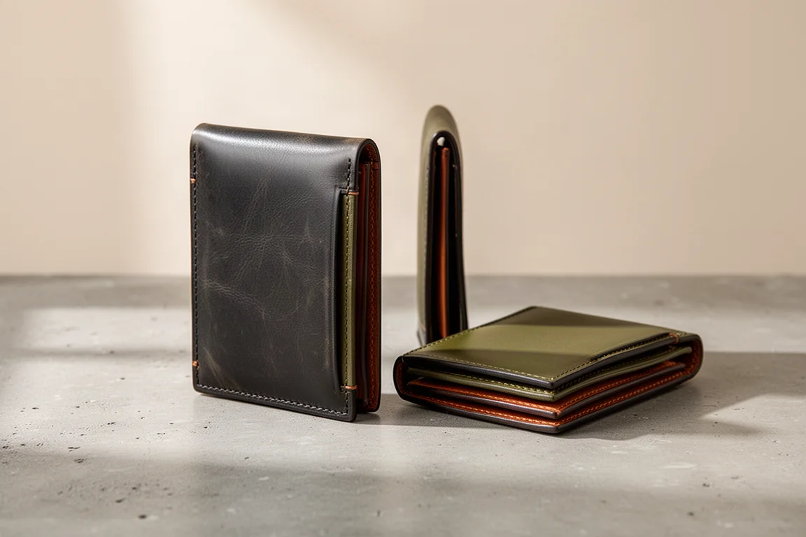 Dos opciones de color de una cartera de piel artesanal dispuestas sobre una superficie neutra