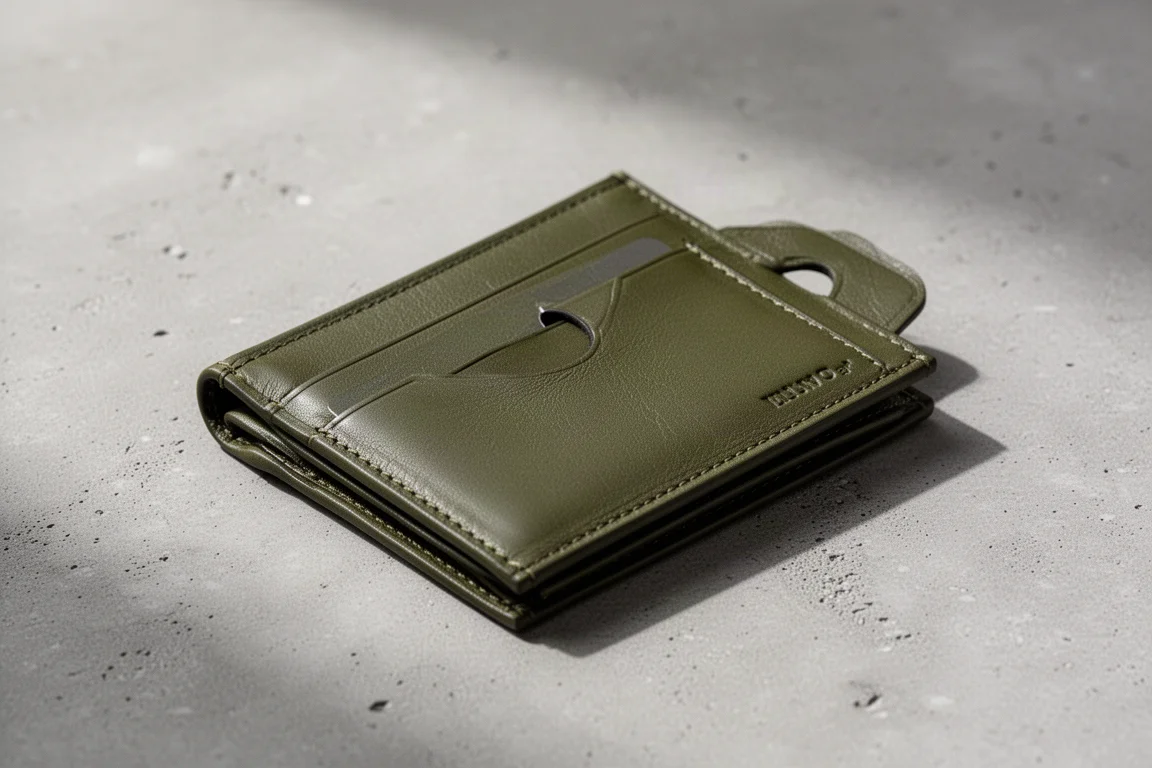 Retro di un portafoglio in pelle con una tasca portacarte ad accesso rapido e apertura ovale