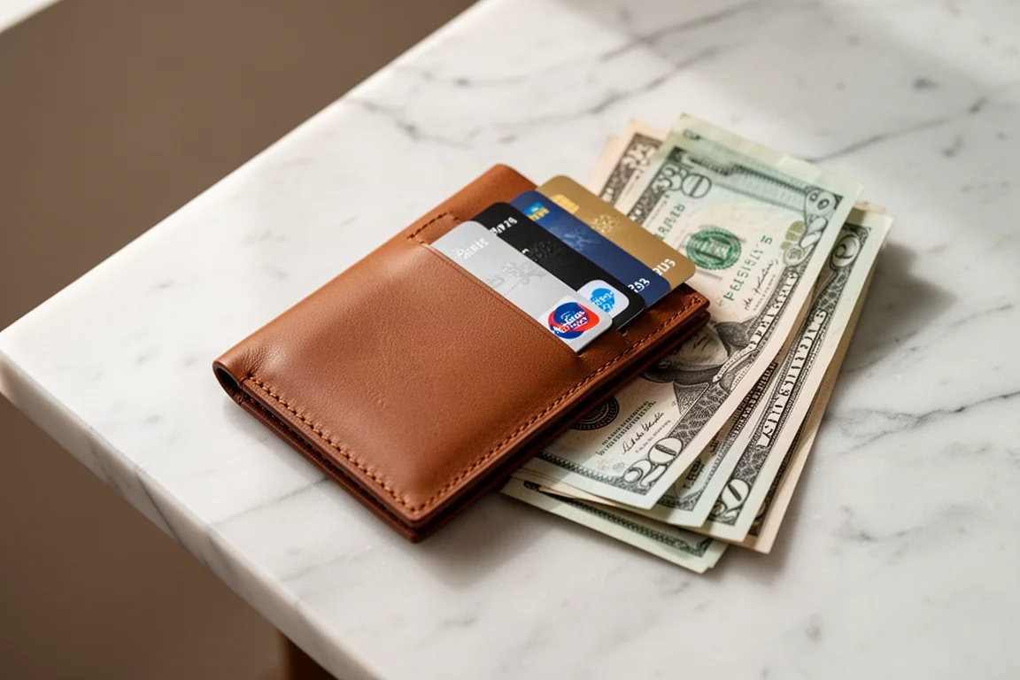 Portafoglio in pelle con diverse carte di credito a ventaglio in fase di estrazione