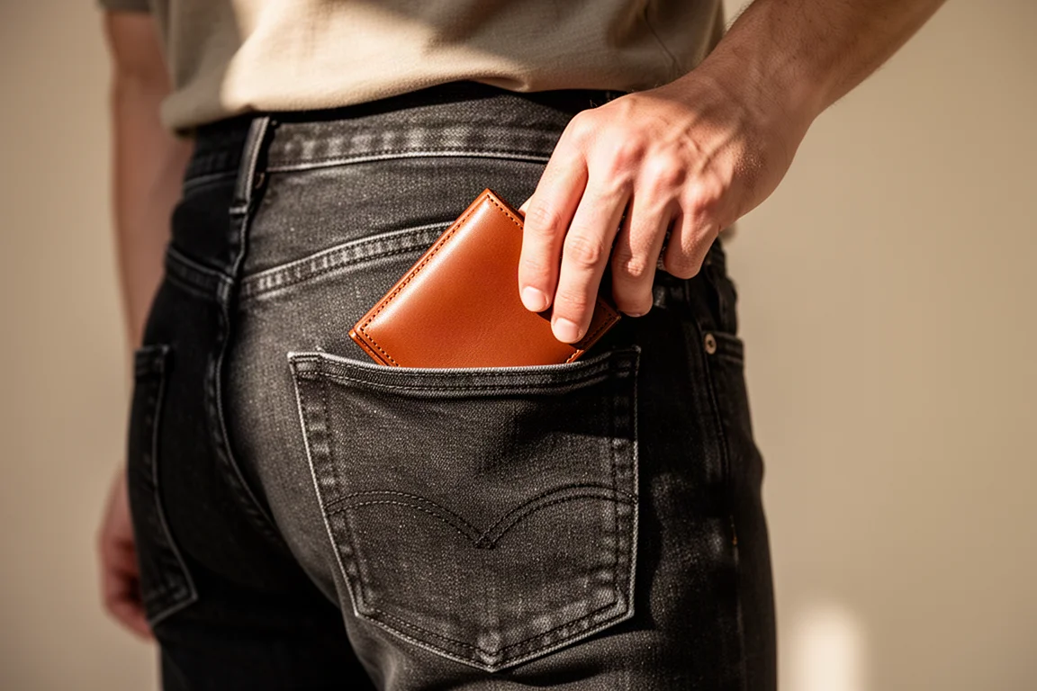 Persona che infila un portafoglio sottile nella tasca posteriore dei jeans