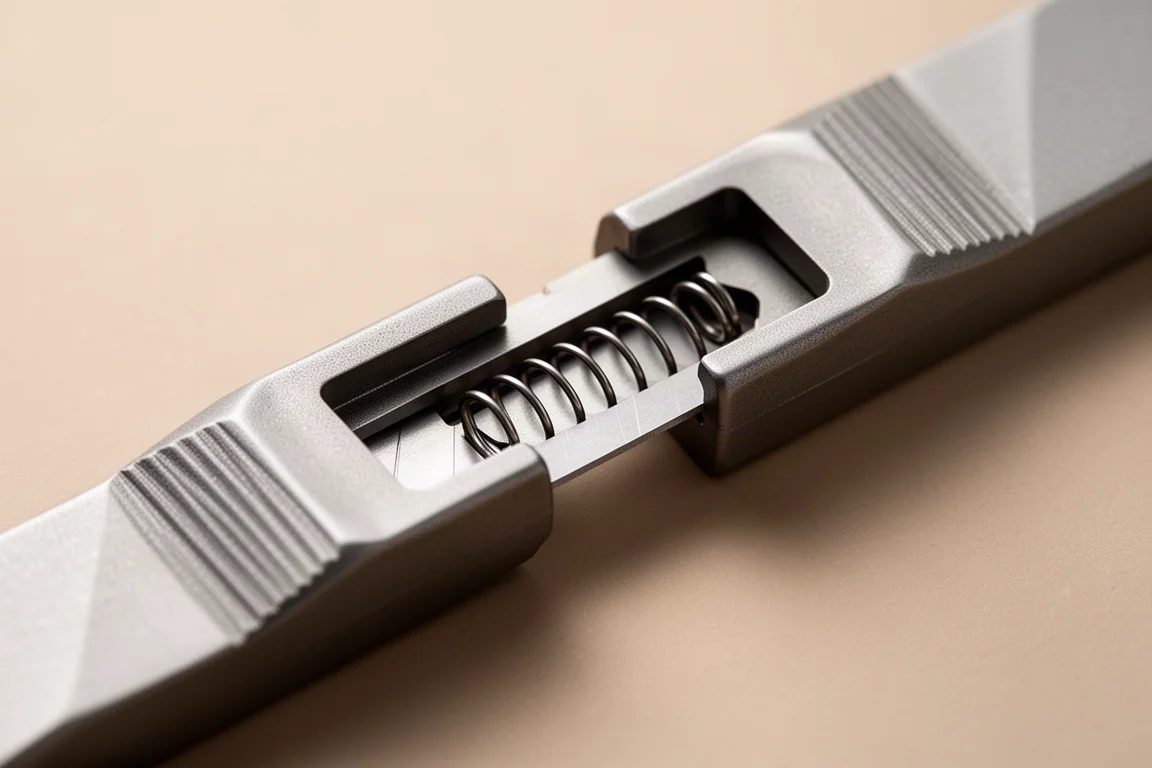 Griffe des Utility Knife auseinandergespreizt, mit Klingenschlitz und Verriegelungshebel sichtbar