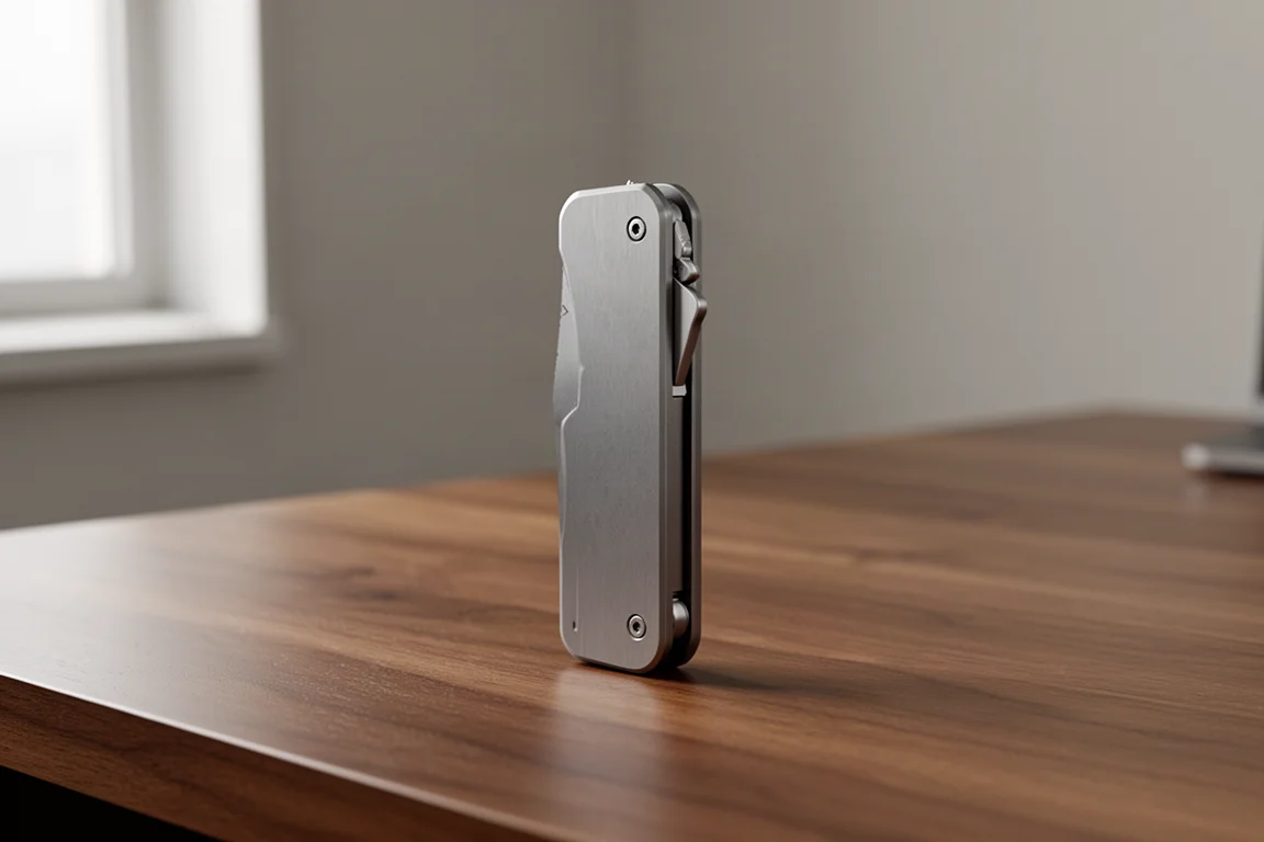Compact utilitymes van titanium, gesloten staand op een houten bureau